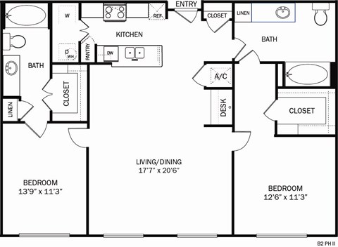 Floor plan for 2 beds, 2 baths, 1210 sqft